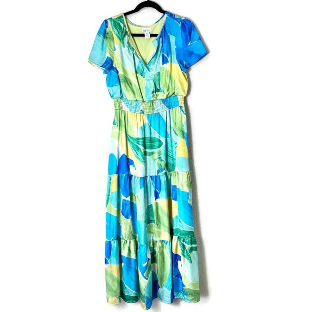 Nicole Miller Green & Blue Tropical Satin Short Sleeved Maxi Dress Size Medium